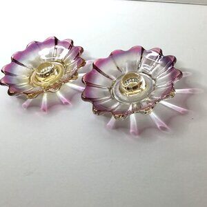 VTG FEDERAL GLASS Iridescent "Celestial" Candle Holders Ruffled Petal Edge Pair